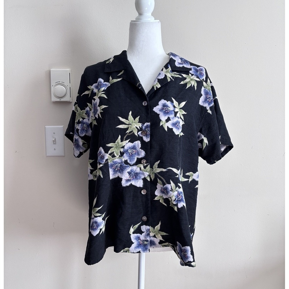 Tommy Bahama 100% Silk Tropical Floral Shirt Womens L Black Blue Beach Coastal